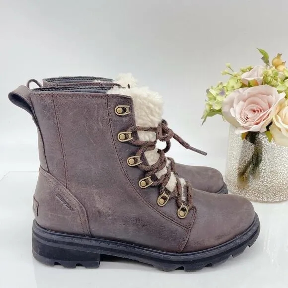Sorel Lennox Lace Cozy Shearling Waterproof Ankle Boots - Size 8 - Brown…