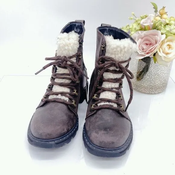 Sorel Lennox Lace Cozy Shearling Waterproof Ankle Boots - Size 8 - Brown…
