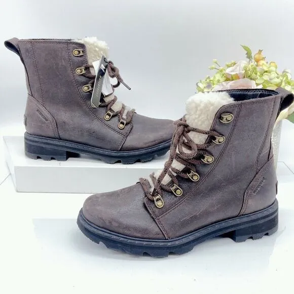 Sorel Lennox Lace Cozy Shearling Waterproof Ankle Boots - Size 8 - Brown…
