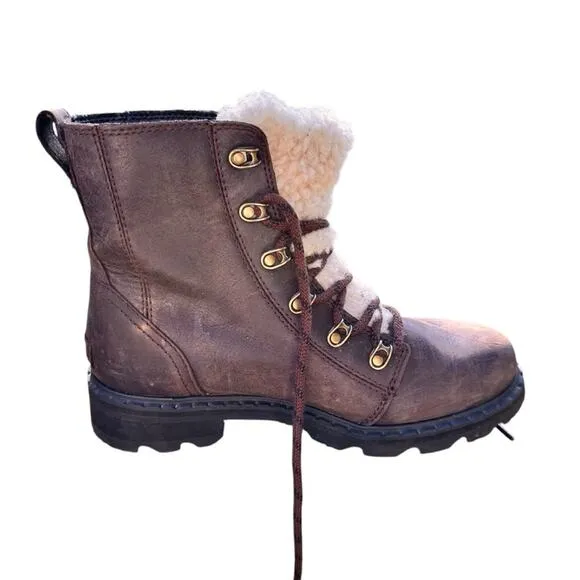 Sorel Lennox Lace Cozy Shearling Waterproof Ankle Boots - Size 8 - Brown…