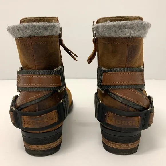 Sorel Lolla Booties Ankle Boots Women 7.5 Brown Waterproof Leather Zip