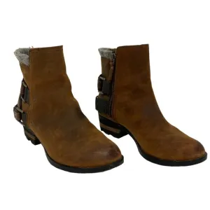 Sorel Lolla Booties Ankle Boots Women 7.5 Brown Waterproof Leather Zip