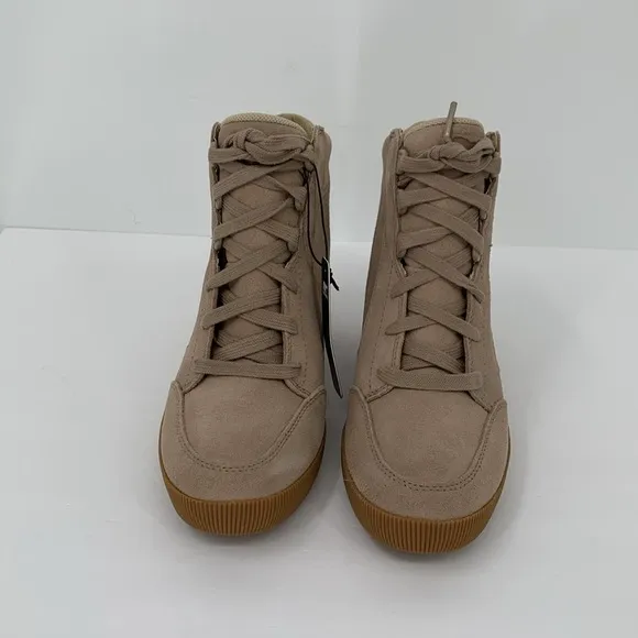 Sorel Out n About hidden wedge ankle boot sneaker Taupe suede platform new 8.5