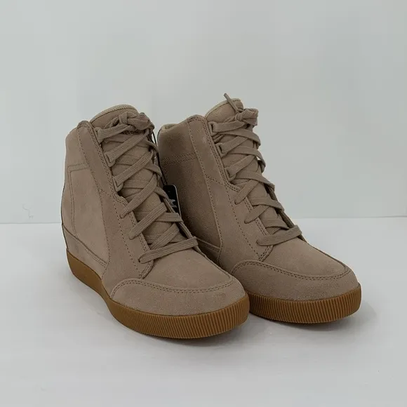 Sorel Out n About hidden wedge ankle boot sneaker Taupe suede platform new 8.5