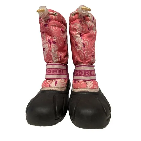 Sorel Pink Cub Polar Bear Swirel Winter Snow Boots Girls Size 4 Pull On