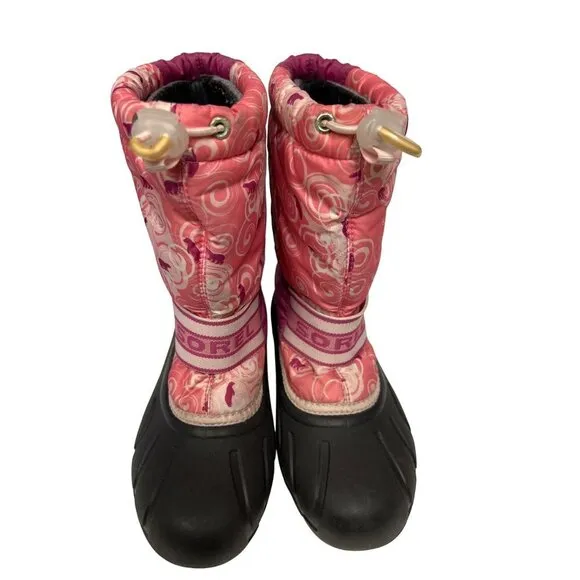 Sorel Pink Cub Polar Bear Swirel Winter Snow Boots Girls Size 4 Pull On
