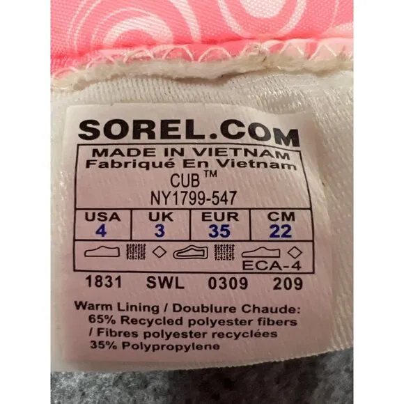 Sorel Pink Cub Polar Bear Swirel Winter Snow Boots Girls Size 4 Pull On