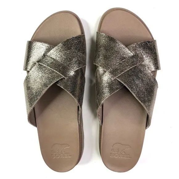 Sorel Roaming criss cross slides sandals crackle metallic silver like new 10