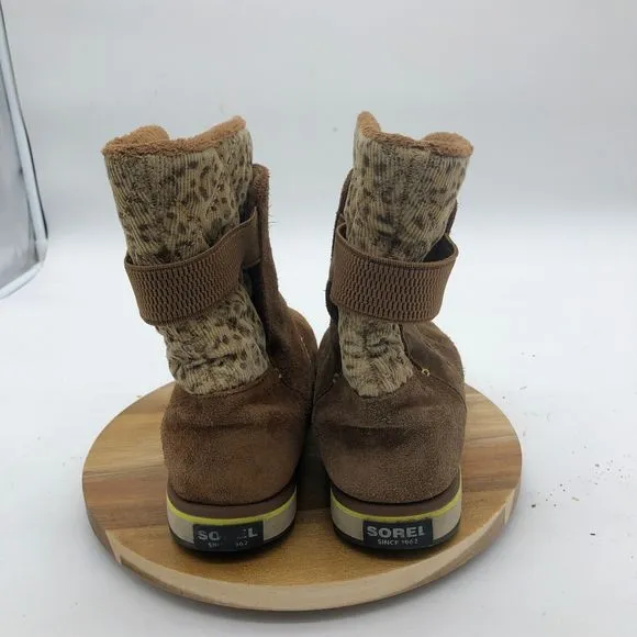 Sorel Rylee Boots Girls 5 Brown Leopard Print Insulated Winter Suede Waterproof
