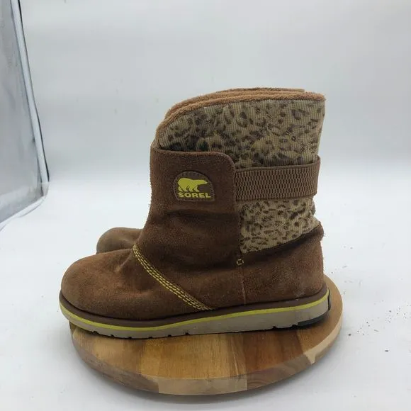 Sorel Rylee Boots Girls 5 Brown Leopard Print Insulated Winter Suede Waterproof
