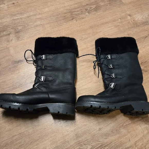 Sorel Vintage Tall Faux Fur  Black Leather Winter  Lace Up Boots 9.5