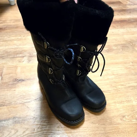 Sorel Vintage Tall Faux Fur  Black Leather Winter  Lace Up Boots 9.5