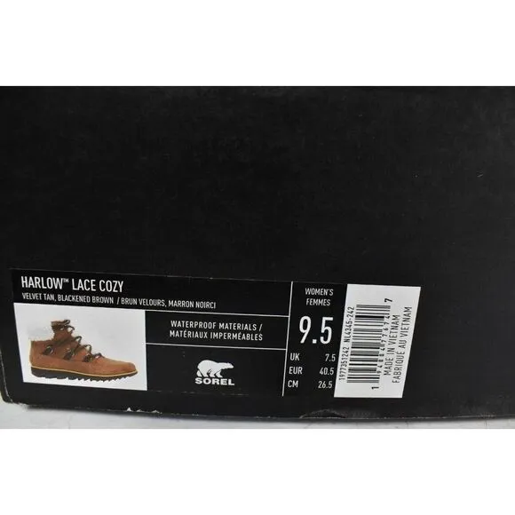 Sorel Womens Size 9.5 Harlow Lace Velvet Tan Blackened Brown Waterproof Boots