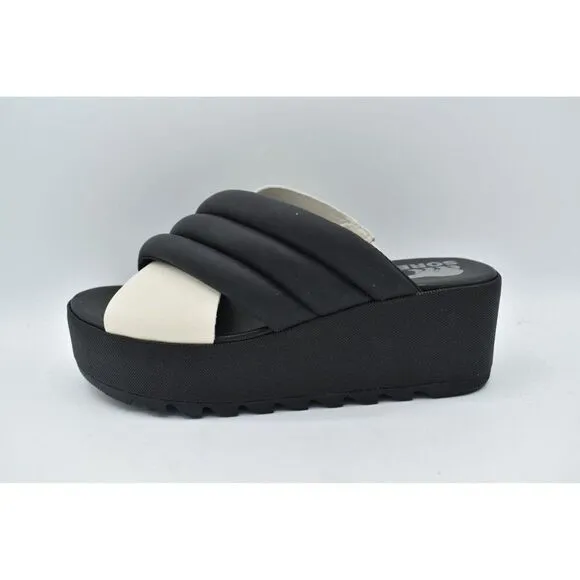 Sorel Womens Size 10 Cameron Flatform Puff Black Sea Salt Leather Sandals