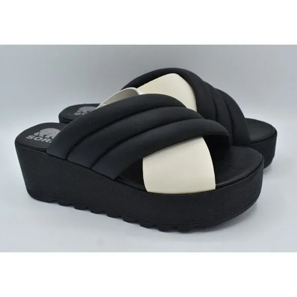 Sorel Womens Size 10 Cameron Flatform Puff Black Sea Salt Leather Sandals