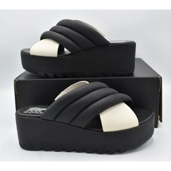 Sorel Womens Size 10 Cameron Flatform Puff Black Sea Salt Leather Sandals