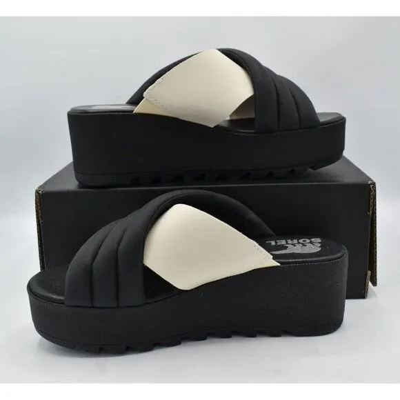 Sorel Womens Size 10 Cameron Flatform Puff Black Sea Salt Leather Sandals