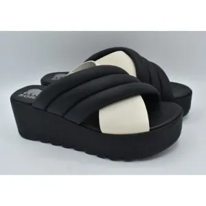 Sorel Womens Size 10 Cameron Flatform Puff Black Sea Salt Leather Sandals