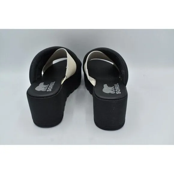 Sorel Womens Size 10 Cameron Flatform Puff Black Sea Salt Leather Sandals