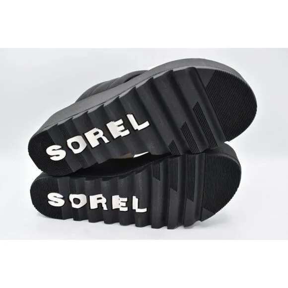 Sorel Womens Size 10 Cameron Flatform Puff Black Sea Salt Leather Sandals
