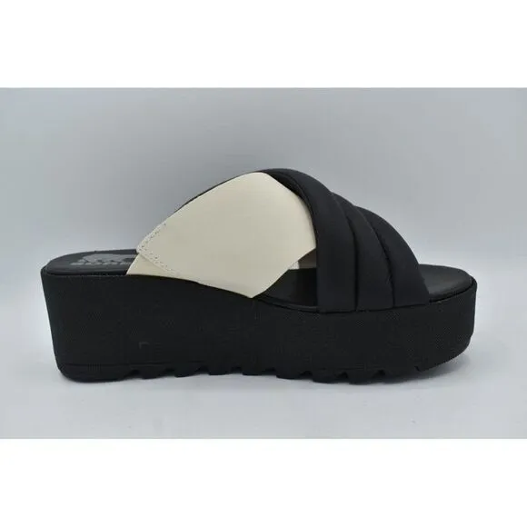 Sorel Womens Size 10 Cameron Flatform Puff Black Sea Salt Leather Sandals