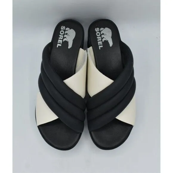 Sorel Womens Size 10 Cameron Flatform Puff Black Sea Salt Leather Sandals