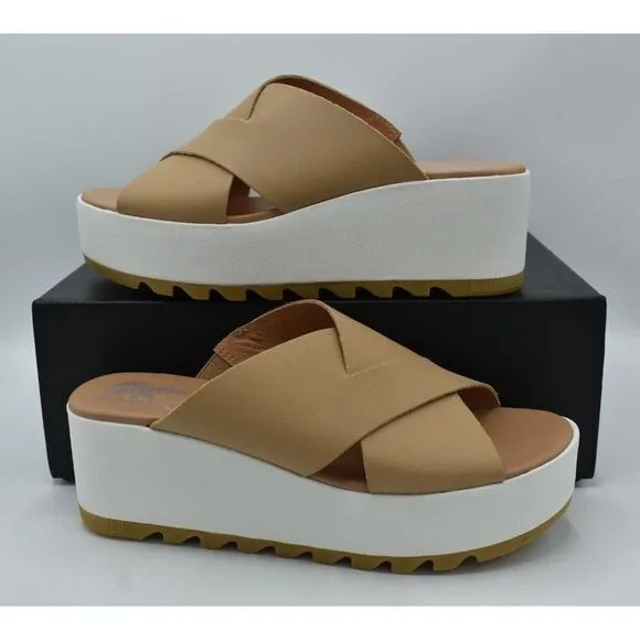 Sorel Womens Size 10 Cameron Flatform Wedge Beige Sea Salt Leather Sandals