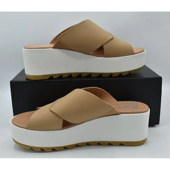 Sorel Womens Size 10 Cameron Flatform Wedge Beige Sea Salt Leather Sandals