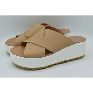 Sorel Womens Size 10 Cameron Flatform Wedge Beige Sea Salt Leather Sandals