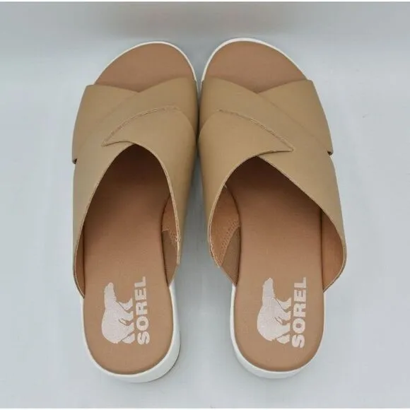Sorel Womens Size 10 Cameron Flatform Wedge Beige Sea Salt Leather Sandals