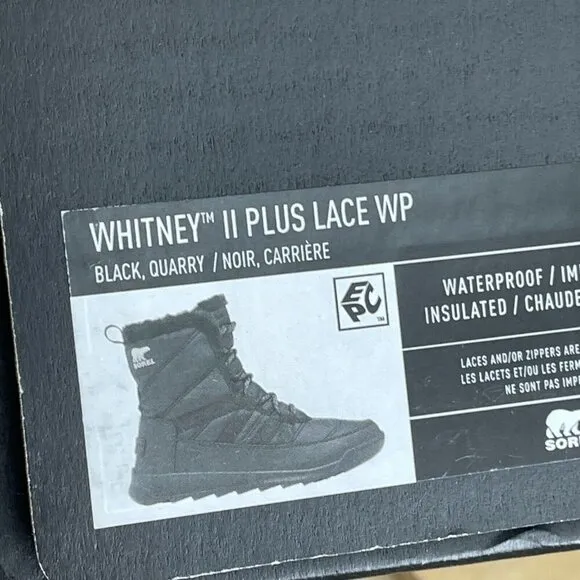 SOREL Women's Whitney ll Plus Lace Waterproof Boot - Black, Quarry - 10 NWB S047