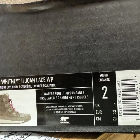 Sorel Youth Whitney II Joan Lace Waterproof Boot Size 2 M Big Kid
