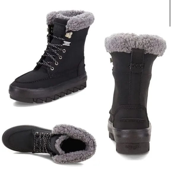 Sperry Juneau High Top Hiking Boot Faux Fur Collar Black Suede 7.5 NWOB
