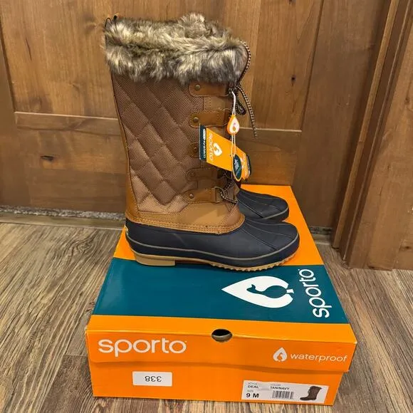 Sporto Deal Waterproof Quilted Duck Boots with Faux Fur Trim 9 Tan