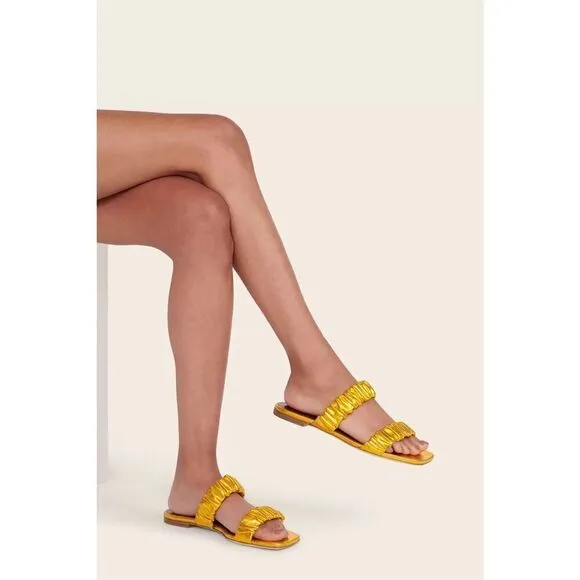 STAUD Maya Ruched Leather Flat Sandals Metallic Gold Size 39 Slip On Slides $265