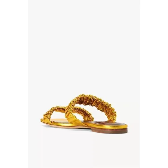 STAUD Maya Ruched Leather Flat Sandals Metallic Gold Size 39 Slip On Slides $265