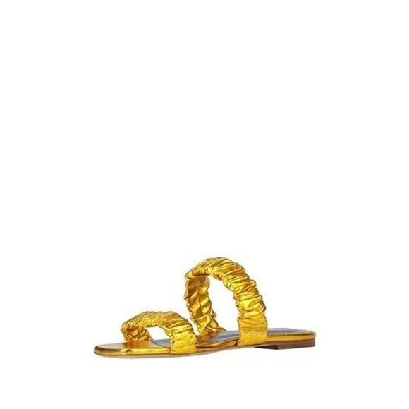 STAUD Maya Ruched Leather Flat Sandals Metallic Gold Size 39 Slip On Slides $265