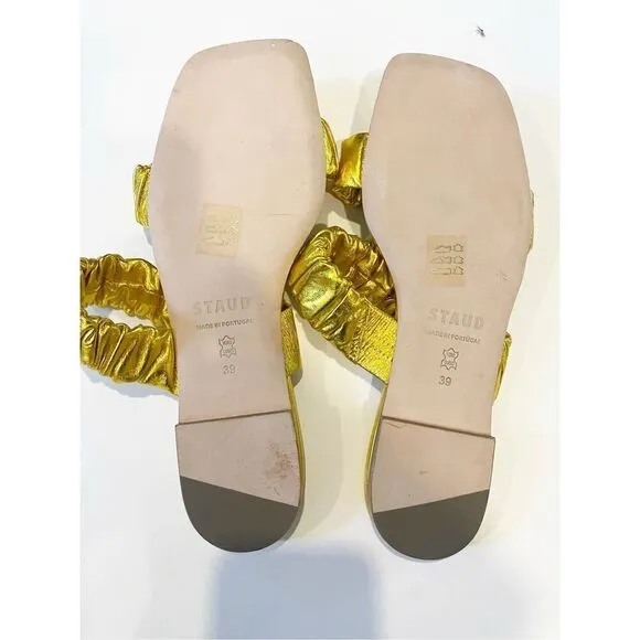 STAUD Maya Ruched Leather Flat Sandals Metallic Gold Size 39 Slip On Slides $265