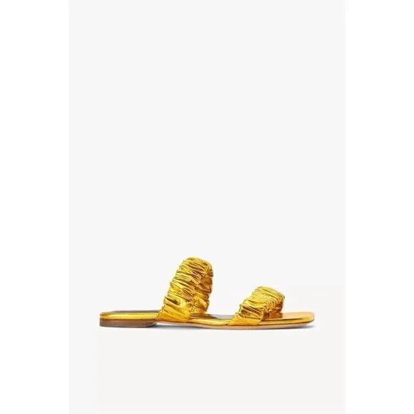 STAUD Maya Ruched Leather Flat Sandals Metallic Gold Size 39 Slip On Slides $265