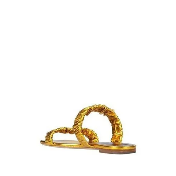 STAUD Maya Ruched Leather Flat Sandals Metallic Gold Size 39 Slip On Slides $265