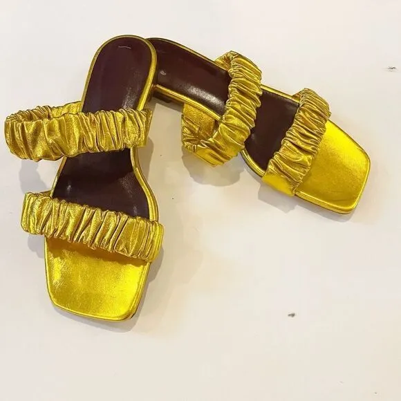 STAUD Maya Ruched Leather Flat Sandals Metallic Gold Size 39 Slip On Slides $265