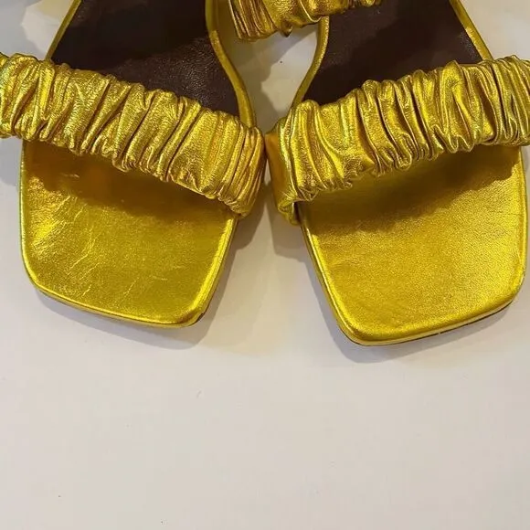 STAUD Maya Ruched Leather Flat Sandals Metallic Gold Size 39 Slip On Slides $265