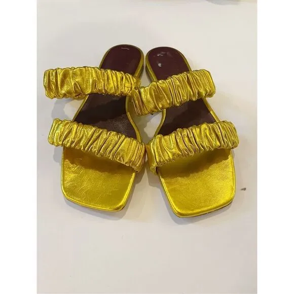 STAUD Maya Ruched Leather Flat Sandals Metallic Gold Size 39 Slip On Slides $265
