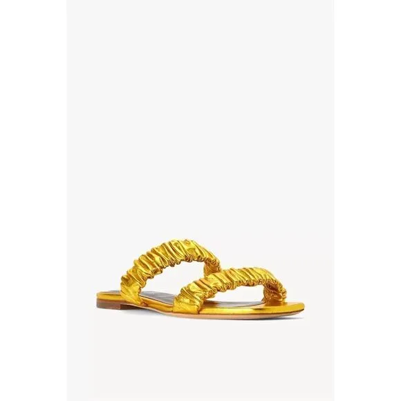 STAUD Maya Ruched Leather Flat Sandals Metallic Gold Size 39 Slip On Slides $265