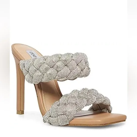 STEVE MADDEN Kenley-R Silver Rhinestone Braided High Heel Sandals