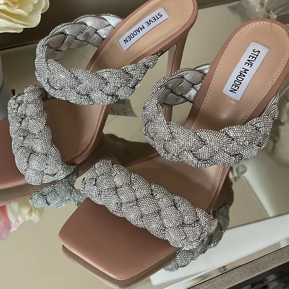 STEVE MADDEN Kenley-R Silver Rhinestone Braided High Heel Sandals
