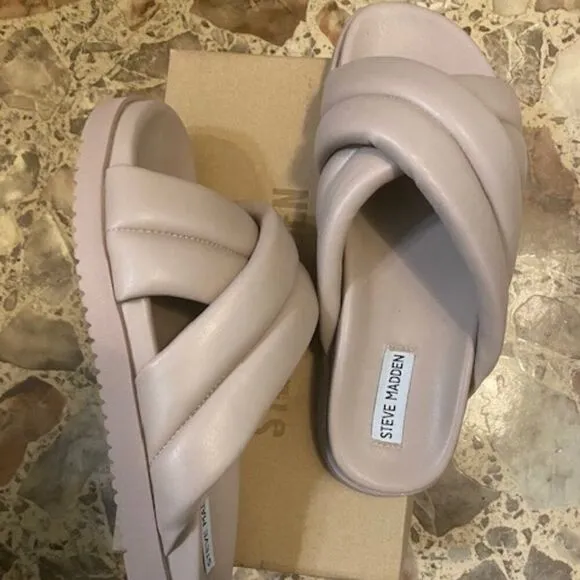 Steve Madden Motte Taupe Faux Leather Slip on Slide Sandals, size 11