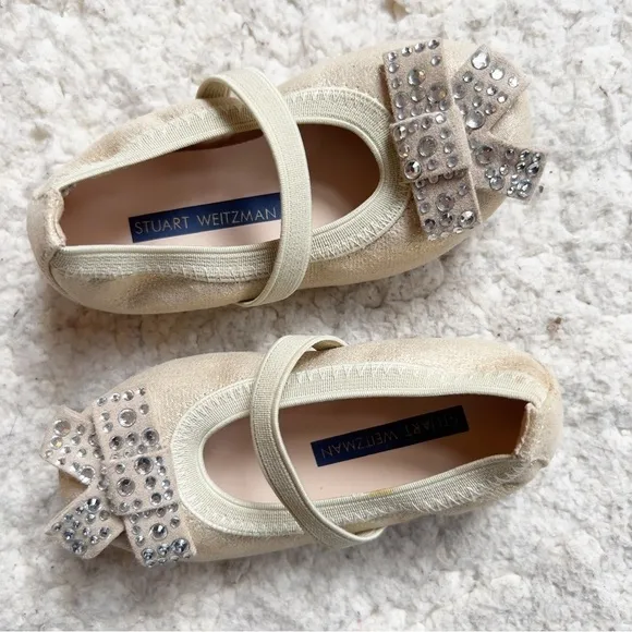 Stuart Weitzman Fannie Stardust Mary Jane Gold Sparkle Baby Ballets Sz 5
