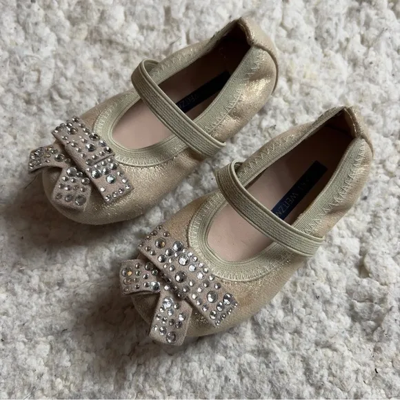 Stuart Weitzman Fannie Stardust Mary Jane Gold Sparkle Baby Ballets Sz 5