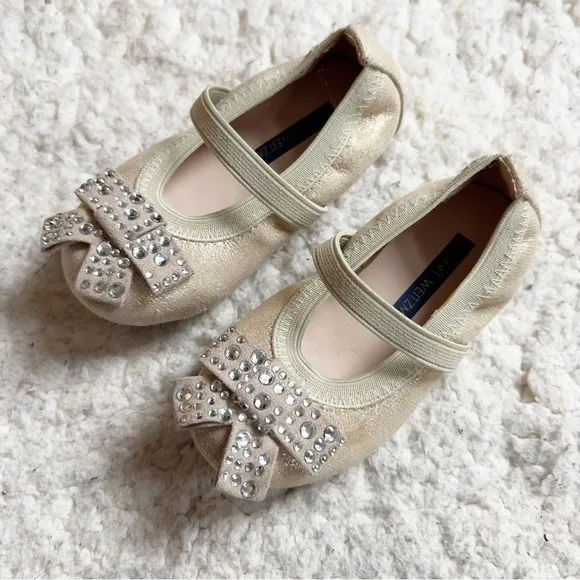 Stuart Weitzman Fannie Stardust Mary Jane Gold Sparkle Baby Ballets Sz 5